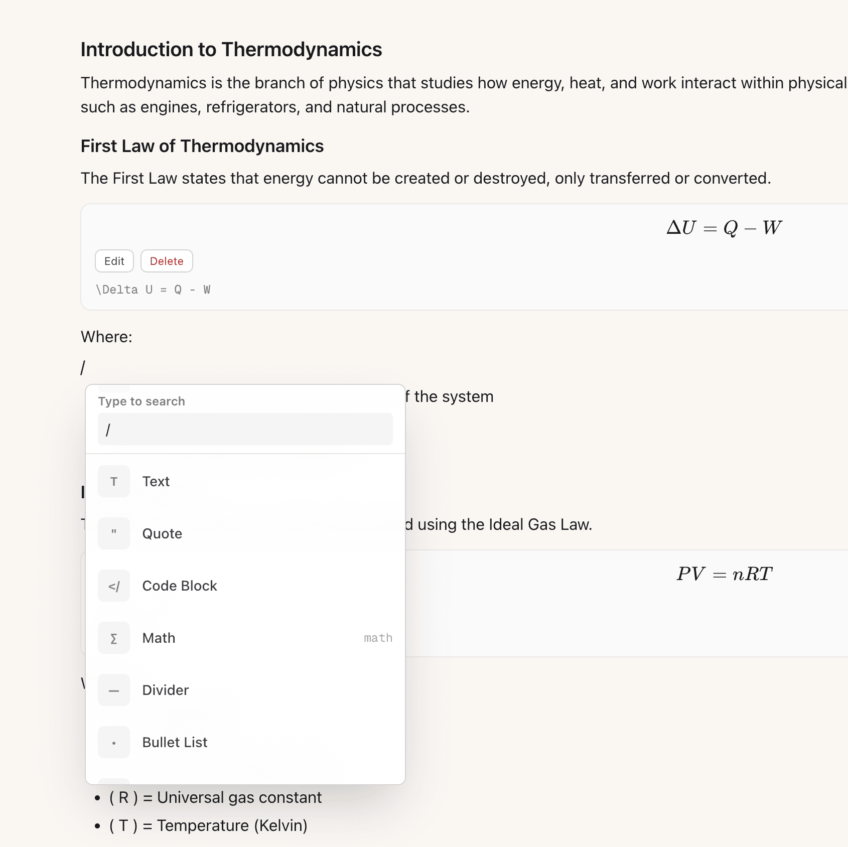 Quick slash command menu